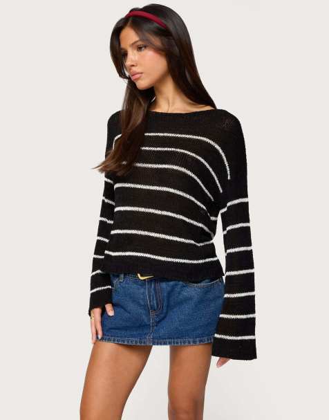 Edikted Striped drop shoulder light knit sweater in black and white - view 1