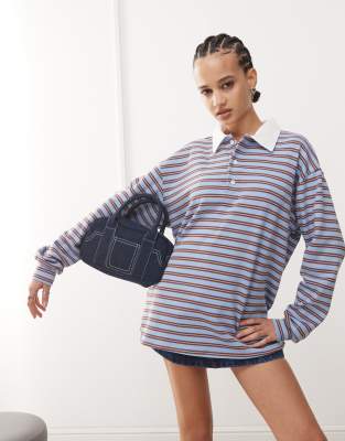 Edikted Edikted stripey oversized collared rugby style top in blue stripe