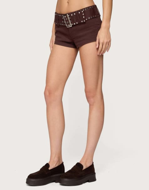 Edikted Studded belt denim micro shorts in dark brown - view 1
