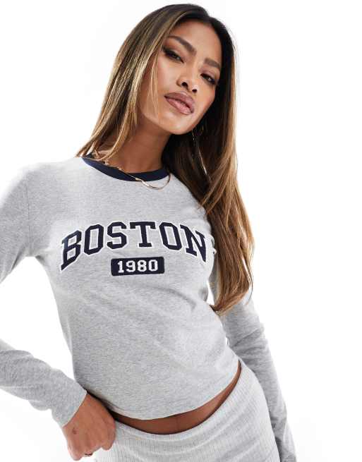 Edikted - T-shirt met lange mouwen en Boston-print in grijs
