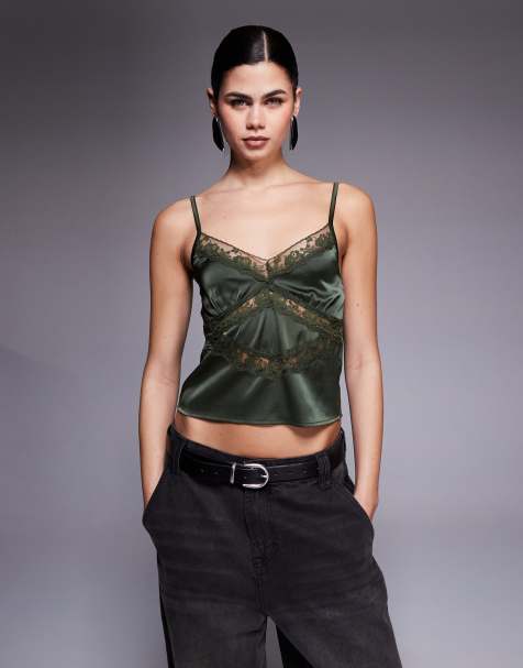 Edikted Tamar satin effect lace detailed tank top in olive
