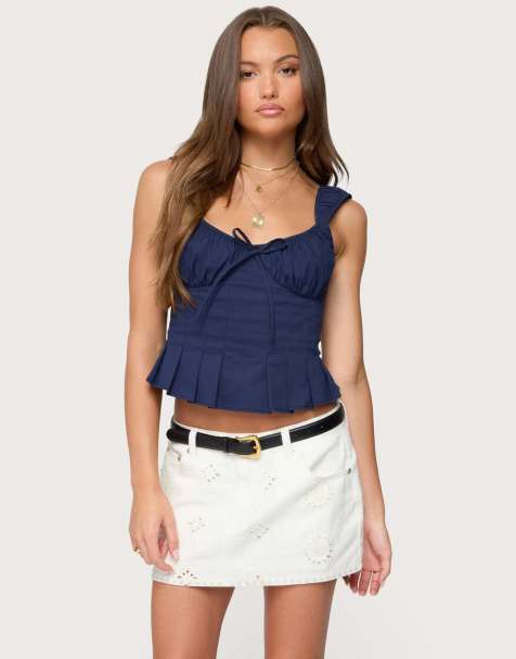 Edikted Tammie pleated poplin top in navy