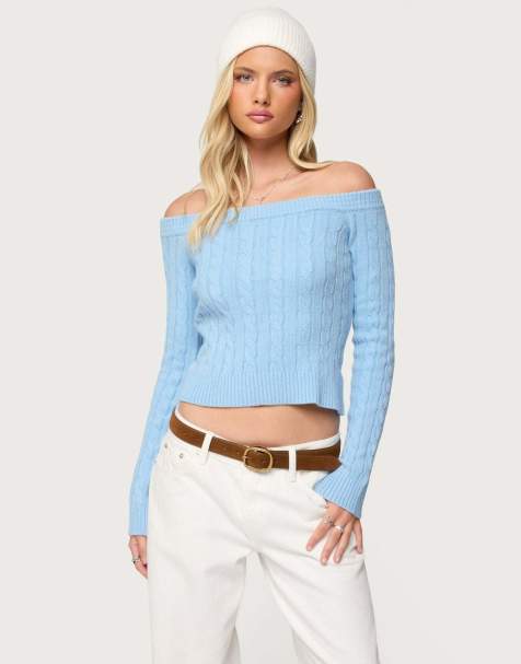 Edikted Taniza off shoulder cable knit sweater in light blue - view 1