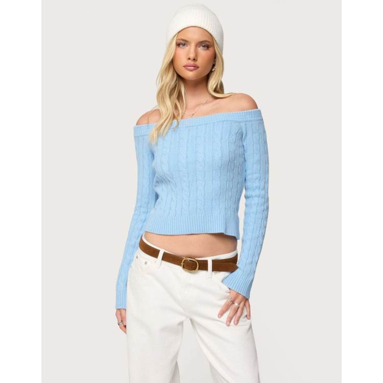 Edikted Taniza off shoulder cable knit sweater in light blue | ASOS