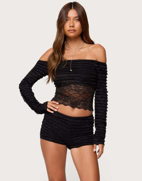 Edikted Tauri lacey ruffled off shoulder top in black - view 1