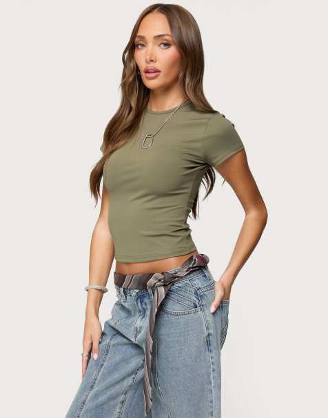 Edikted Tay short sleeve top in olive - view 1
