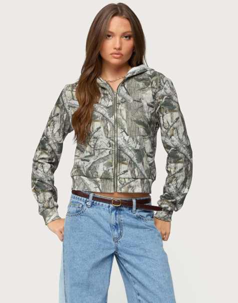 Edikted Tayler camo zip up hoodie in olive - view 1