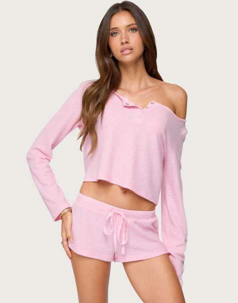 Edikted Teddy cropped waffle top in light pink