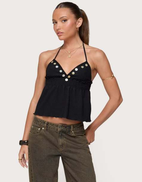 Edikted Textured iridescent babydoll halter top in black - view 1