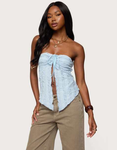 Edikted Textured ruffle split front strapless top in light blue - view 1