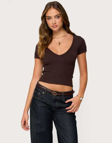 Edikted Theresa v neck knit top in brown - view 1