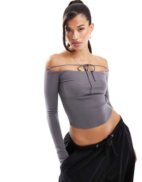Edikted tie detail off shoulder crop top in grey - view 1