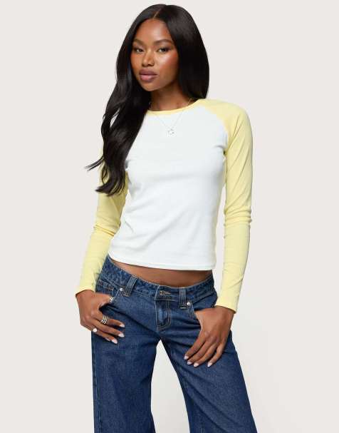 Edikted Tommi raglan long sleeve t shirt in white and yellow - view 1