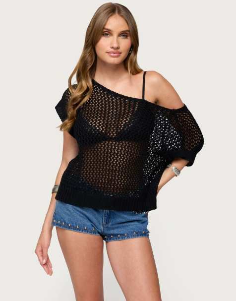 Edikted Trix off shoulder open knit top in black - view 1