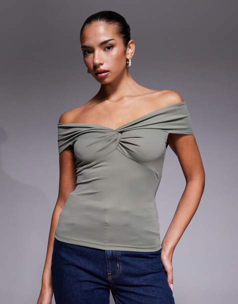 Edikted twisted front off shoulder top in olive