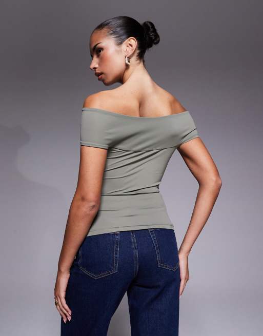 Edikted twisted front off shoulder top in olive, 2 of 4