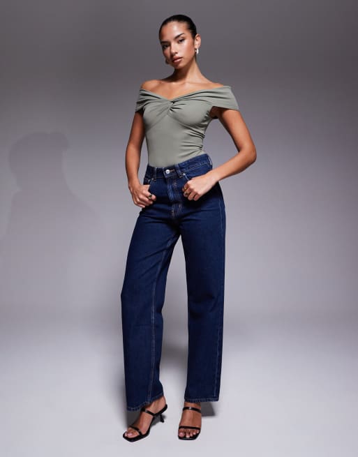 Edikted twisted front off shoulder top in olive, 4 of 4