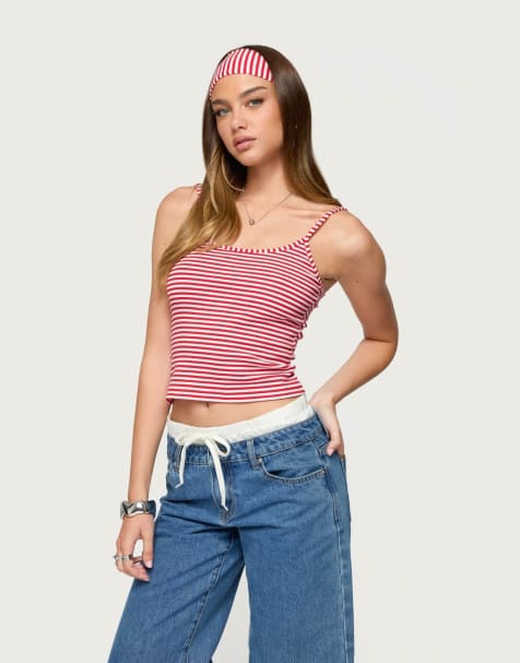 Edikted Two piece striped headband tank top in red and white - view 1
