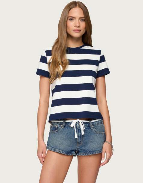 Edikted Valetta oversized striped t shirt in navy and white