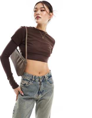 Edikted Vick Layered Cropped T-Shirt in chocolate brown