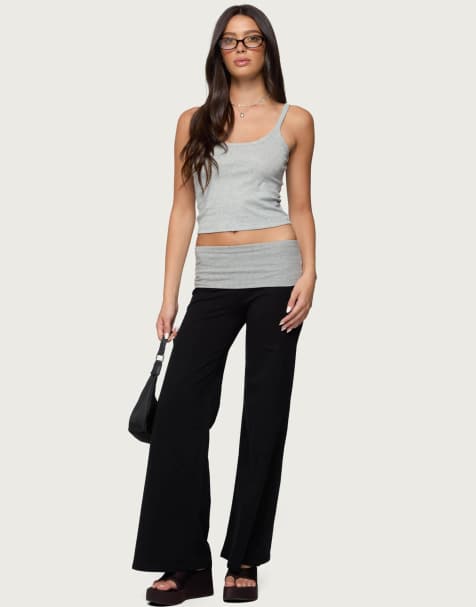 Edikted Wide leg contrast fold over pants in black - view 1