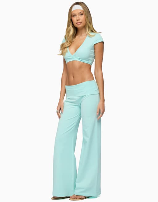 Edikted wide leg foldover pants in turquoise, 4 of 5