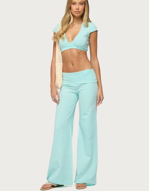 Edikted wide leg foldover pants in turquoise, 5 of 5