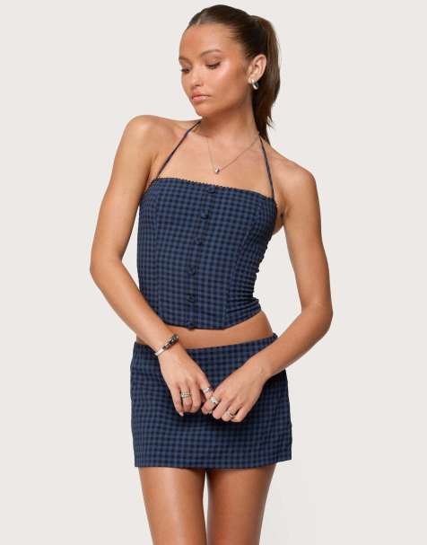 Edikted Winsley gingham halter corset in blue and black - view 1