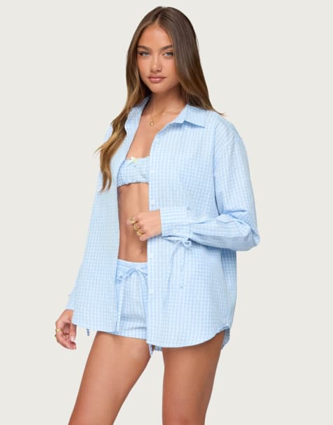 Edikted Yaffa oversized gingham button up shirt in light blue - view 1