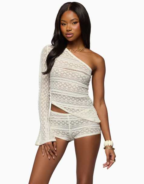 Edikted yalena one shoulder sheer lace top in cream - view 1