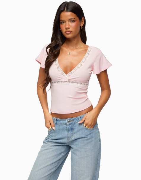 Edikted yvetta lacey flutter sleeve top in light-pink - view 1