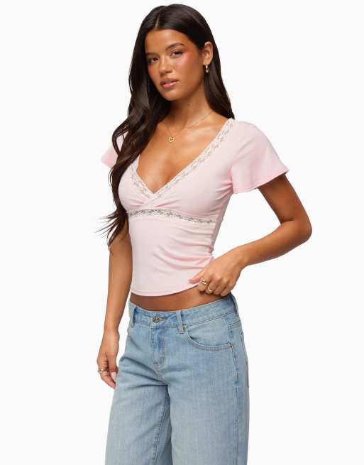 Edikted yvetta lacey flutter sleeve top in light-pink, 3 of 5