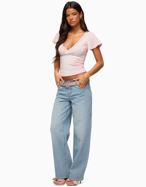 Edikted yvetta lacey flutter sleeve top in light-pink, 4 of 5