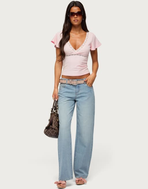 Edikted yvetta lacey flutter sleeve top in light-pink, 5 of 5