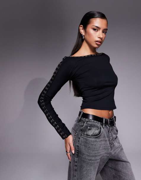 Edikted Zaina hook & eye boat neck long sleeve top in black