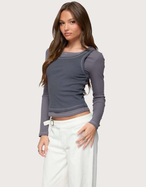 Edikted Zane contrast layered long sleeve top in gray - view 1