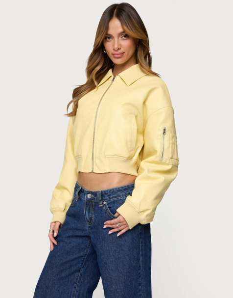 Edikted Zayna cropped faux leather bomber jacket in yellow - view 1
