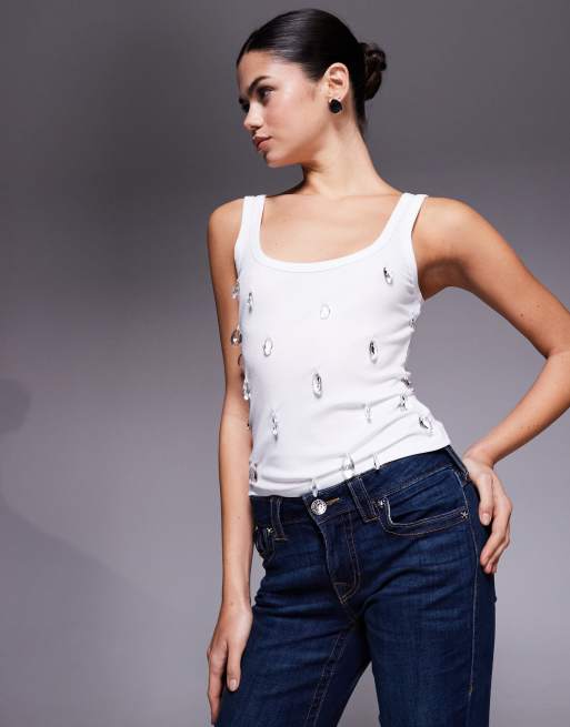 Edikted Zelana faux crystal ribbed tank top in white, 2 of 4