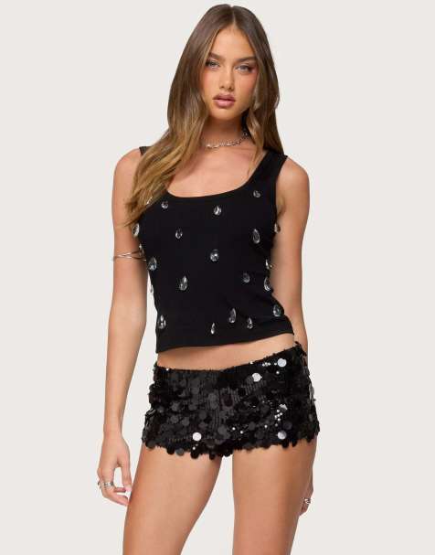 Edikted Zelena faux crystal ribbed tank top in black - view 1