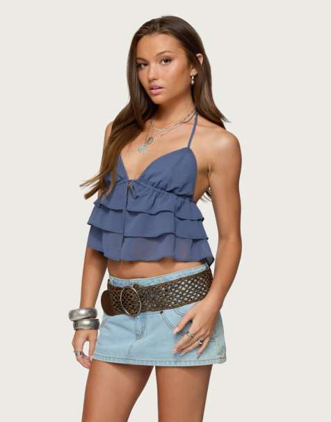 Edikted Zephi split front ruffled top in blue