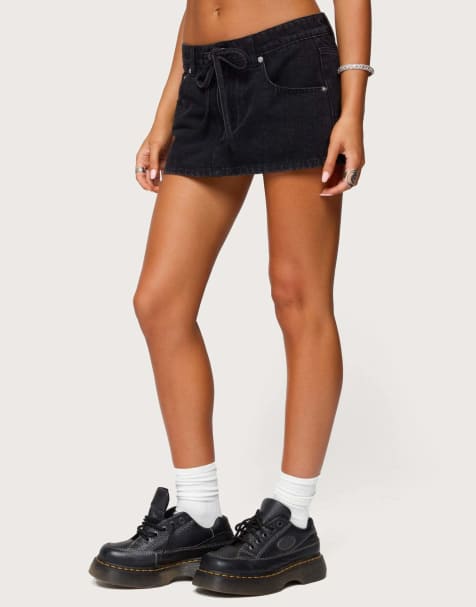 Edikted Ziggie tie front denim mini skort in black - view 1