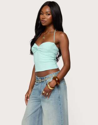 Edikted Zoee twisted textured halter top in aqua | ASOS
