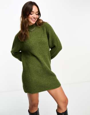 NEON GREEN KNITTED HIGH NECK OVERSIZED JUMPER DRESS