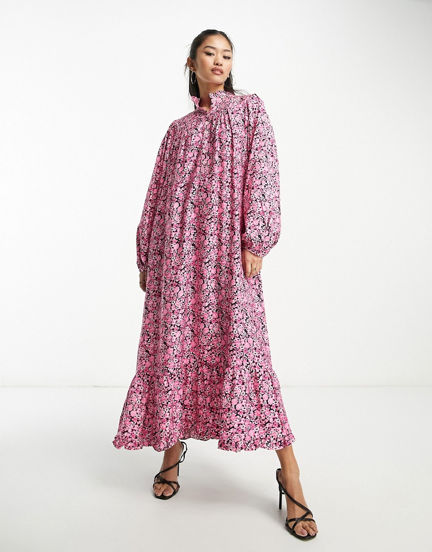 Edited balloon sleeve maxi smock dress in pink floral