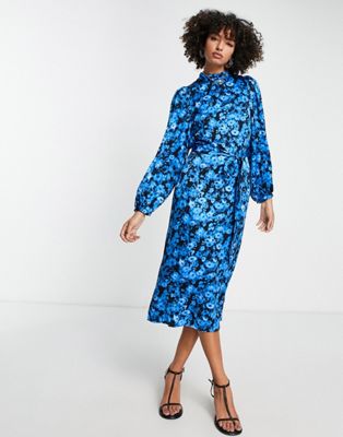Edited balloon sleeve midi dress in bold blue floral
