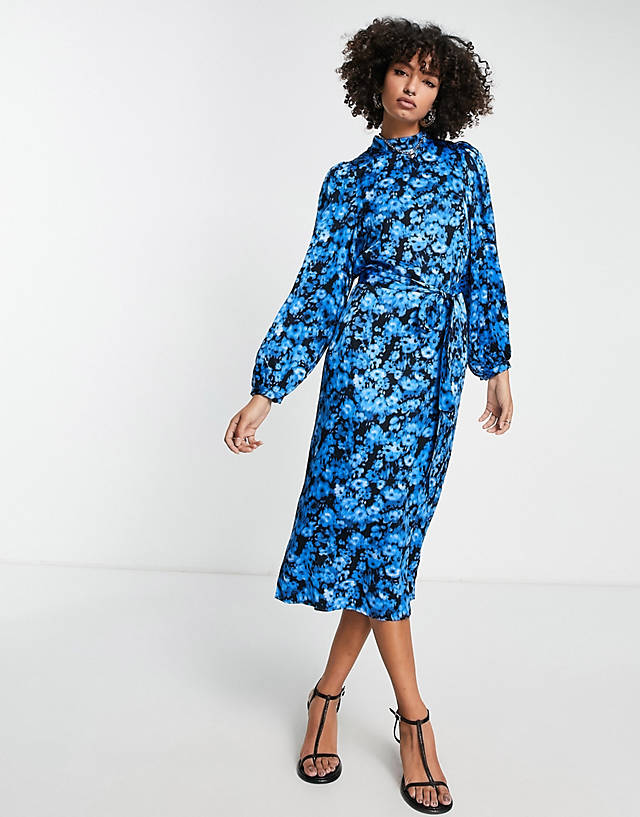 Edited - balloon sleeve midi dress in bold blue floral