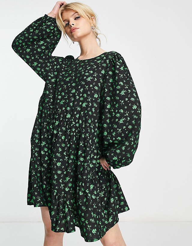 Edited - balloon sleeve mini smock dress in ditsy green floral