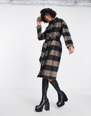 Edited belted wool blend coat in dark grid check