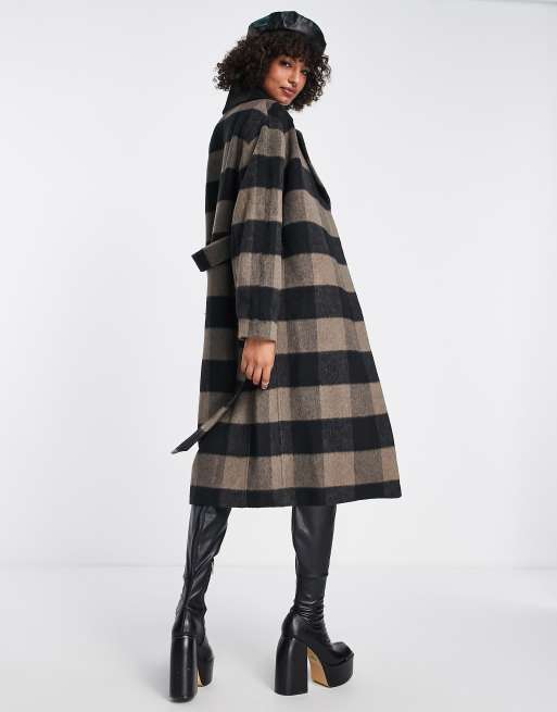 Edited belted wool blend coat in dark grid check