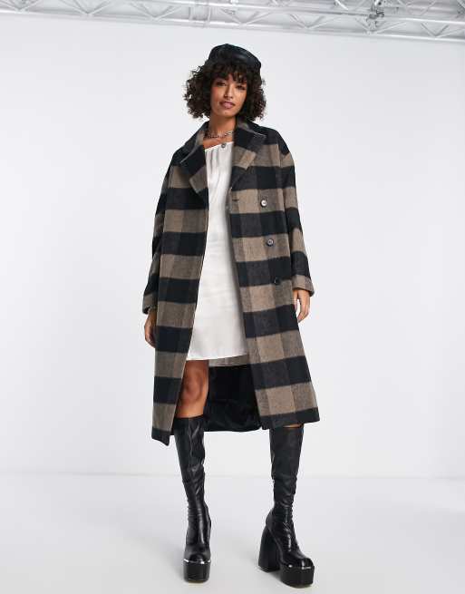 Edited belted wool blend coat in dark grid check